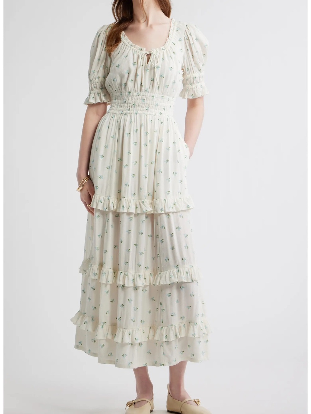Cream Floral Tiered Maxi Dress with Smocked Waist
